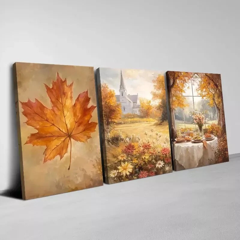 3pcs  Beautiful Autumn Town with Dry Leaves  Art Set Canvas Framed 50x70cm -  High Quality Print 100% Australian Made Wall Canvas Ready to Hang
