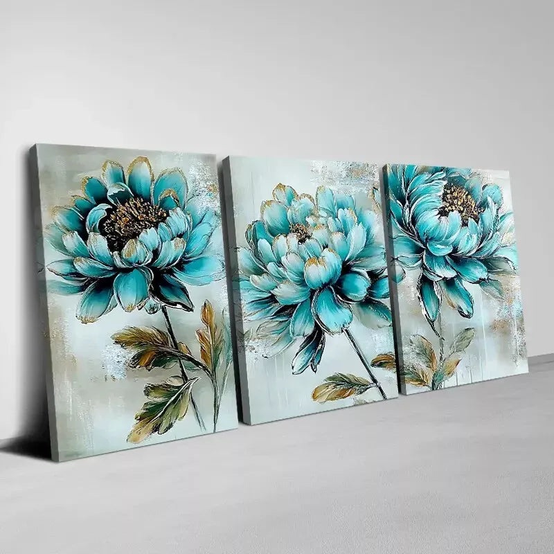 3pcs Beautiful Blue Flowers Painting Art Set Canvas Framed 50x70cm -  High Quality Print 100% Australian Made Wall Canvas Ready to Hang