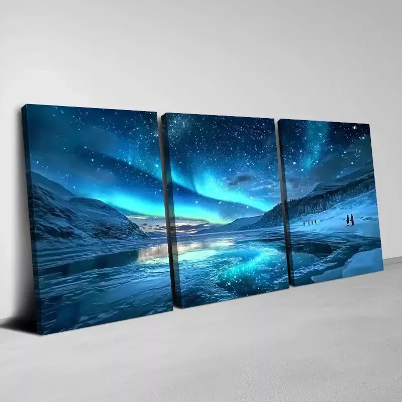 3pcs  Beautiful Blue Northern Lights Wall Art Set Canvas Framed 50x70cm -  High Quality Print 100% Australian Made Wall Canvas Ready to Hang
