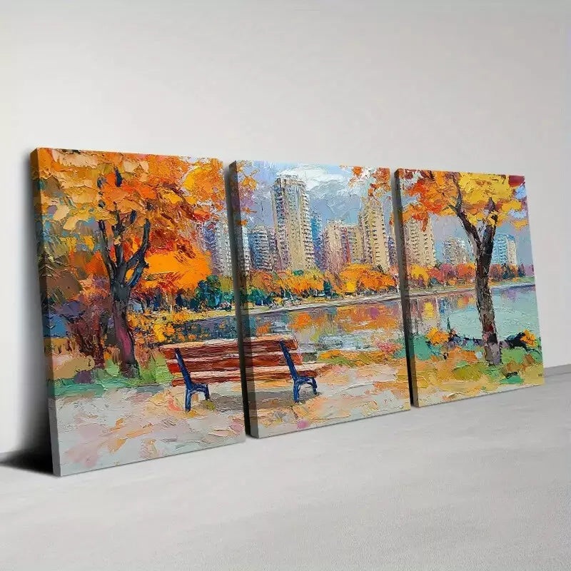 3pcs Beautiful City Park with Lake & Tree View Art Set Canvas Framed 50x70cm -  High Quality Print 100% Australian Made Wall Canvas Ready to Hang