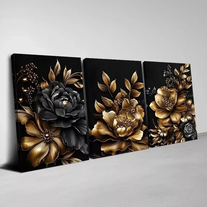 3pcs  Beautiful Golden and Black Flower Art Set Canvas Framed 50x70cm -  High Quality Print 100% Australian Made Wall Canvas Ready to Hang