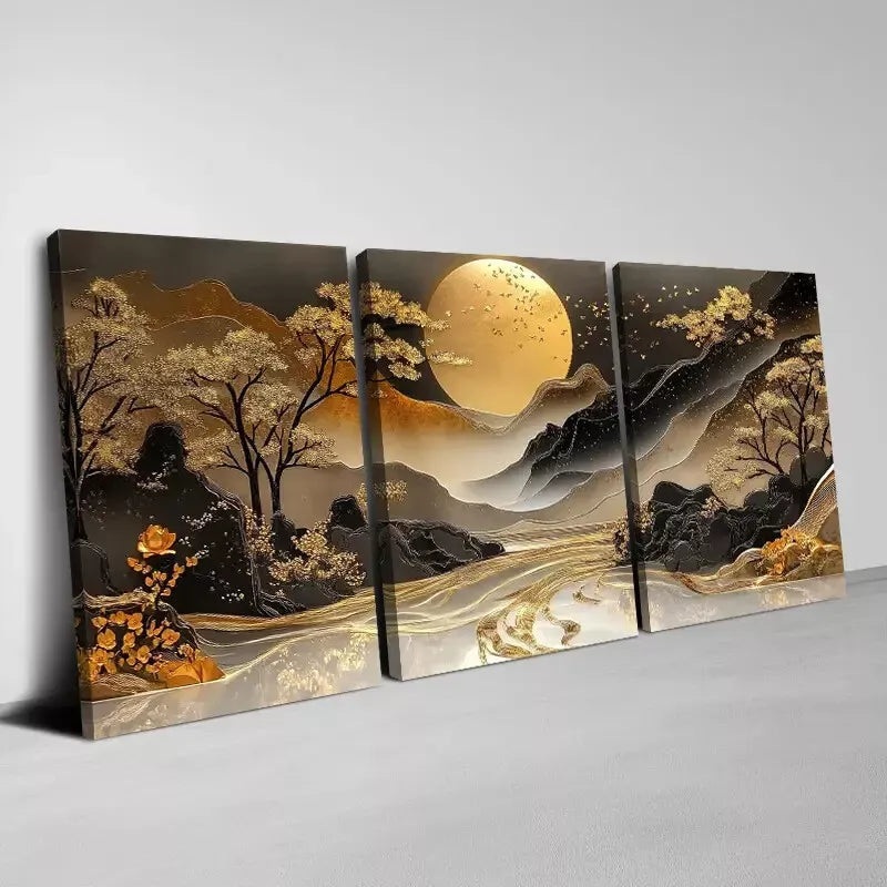 3pcs Beautiful Golden Sun Mountain Trees   Art Set Canvas Framed 50x70cm -  High Quality Print 100% Australian Made Wall Canvas Ready to Hang