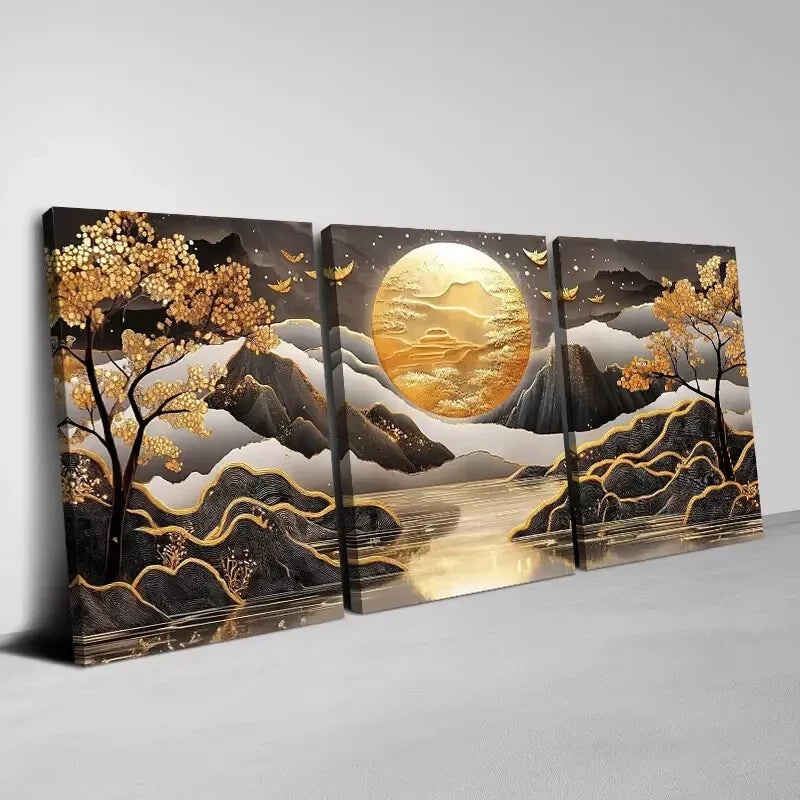 3pcs Beautiful Golden Sun Mountain Trees View  Art Set Canvas Framed 50x70cm -  High Quality Print 100% Australian Made Wall Canvas Ready to Hang