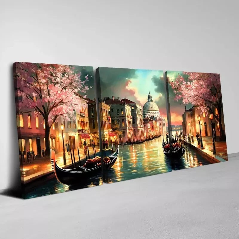 3pcs   Beautiful Longed Water City & Pink Trees Art Set Canvas Framed 50x70cm -  High Quality Print 100% Australian Made Wall Canvas Ready to Hang