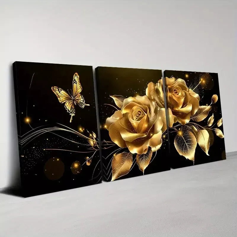 3pcs Beautiful Modern Golden Floral & Butterfly  Natural Art Set Canvas Framed 50x70cm -  High Quality Print 100% Australian Made Wall Canvas Ready to Hang