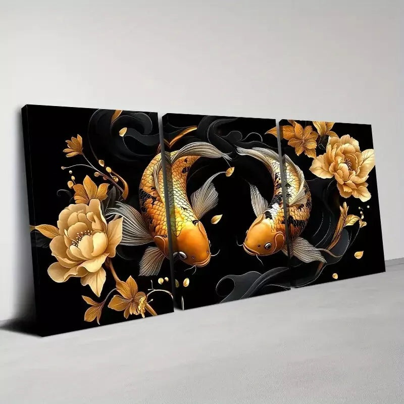3pcs Beautiful Modern Golden Koi with Florals   Natural Art Set Canvas Framed 50x70cm -  High Quality Print 100% Australian Made Wall Canvas Ready to Hang