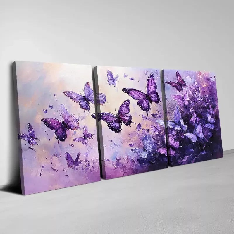 3pcs Beautiful Purple and Pink Butterfly  Art Set Canvas Framed 50x70cm -  High Quality Print 100% Australian Made Wall Canvas Ready to Hang