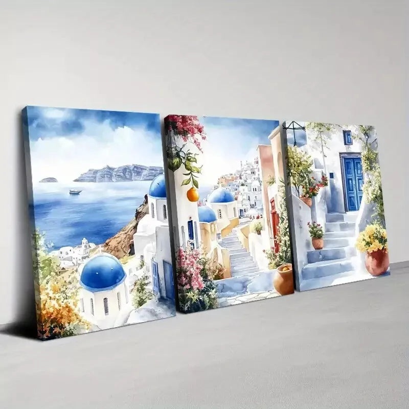 3pcs  Beautiful Santorini with Floral & Lake View  Art Set Canvas Framed 50x70cm -  High Quality Print 100% Australian Made Wall Canvas Ready to Hang