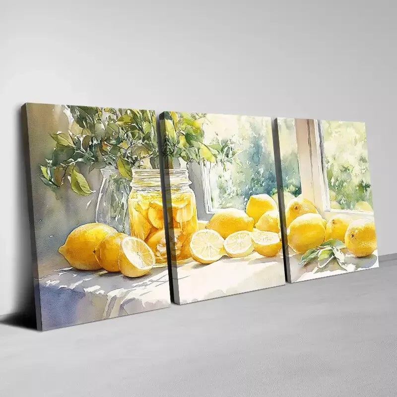 3pcs Beautiful Watercolor Yellow Lemons   Art Set Canvas Framed 50x70cm -  High Quality Print 100% Australian Made Wall Canvas Ready to Hang