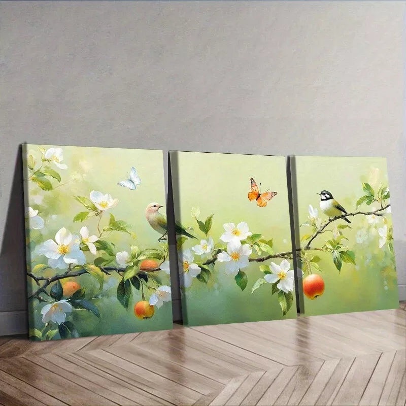 3pcs Bird On Branch Design Nature Flowers  Wall Art Set Canvas Framed 50x70cm -  High Quality Print 100% Australian Made Wall Canvas Ready to Hang