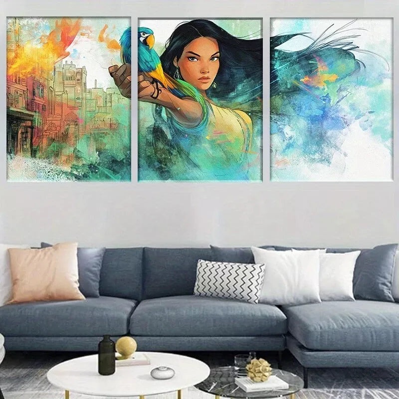 3pcs Bold Woman with Parrot, Vibrant Fantasy Wall Art Set Canvas Framed 50x70cm -  High Quality Print 100% Australian Made Wall Canvas Ready to Hang