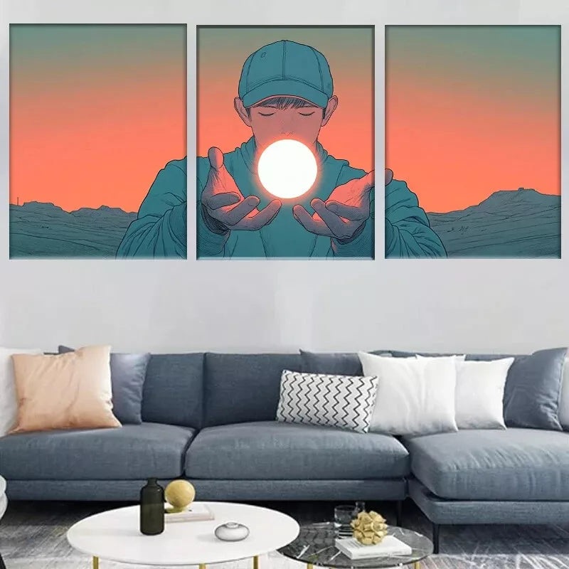 3pcs Boy Holding Glowing Sphere in Desert Wall Art Set Canvas Framed 50x70cm -  High Quality Print 100% Australian Made Wall Canvas Ready to Hang