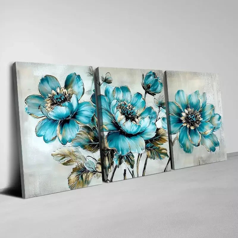 3pcs Charming Elegant Blue Flowers Art Set Canvas Framed 50x70cm -  High Quality Print 100% Australian Made Wall Canvas Ready to Hang