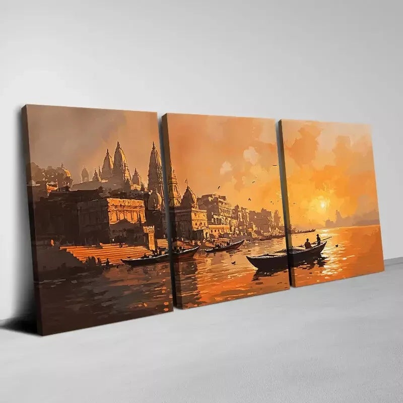 3pcs  Charming Sunset And Harbor Boats View Art Set Canvas Framed 50x70cm -  High Quality Print 100% Australian Made Wall Canvas Ready to Hang