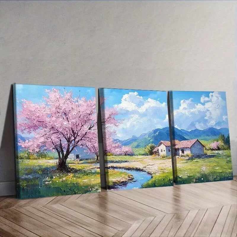 3pcs Cherry Blossom Scene With Cottage  Wall Art Set Canvas Framed 50x70cm -  High Quality Print 100% Australian Made Wall Canvas Ready to Hang