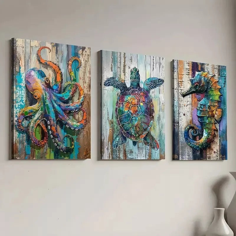 3pcs Classic Modern Abstract Ocean Animal   Art Set Canvas Framed 50x70cm -  High Quality Print 100% Australian Made Wall Canvas Ready to Hang