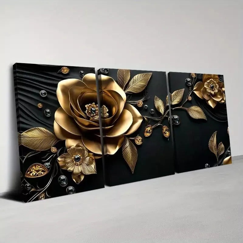 3pcs Classical Golden And Black Flowers Art Set Canvas Framed 50x70cm -  High Quality Print 100% Australian Made Wall Canvas Ready to Hang