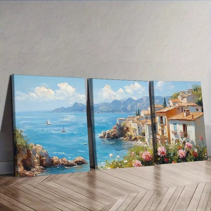 3pcs Coastal Village Nature Wall Art Set Canvas Framed 50x70cm -  High Quality Print 100% Australian Made Wall Canvas Ready to Hang