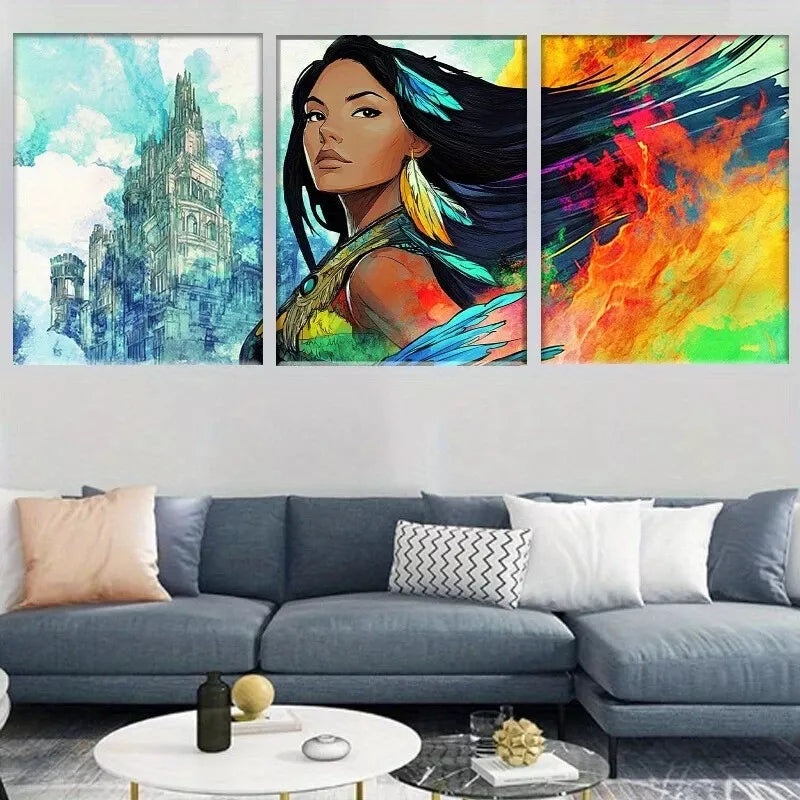 3pcs Colorful Native Woman with Feathers Wall Art Set Canvas Framed 50x70cm -  High Quality Print 100% Australian Made Wall Canvas Ready to Hang