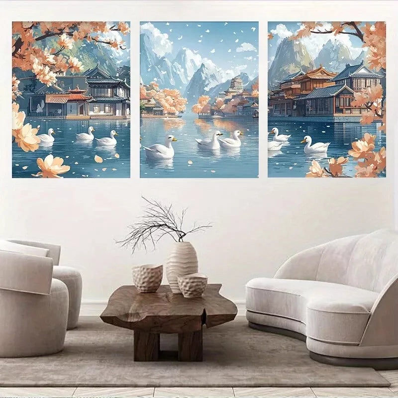 3pcs Colorful Tranquil River with Swans Canvas Wall Art Set Canvas Framed 50x70cm -  High Quality Print 100% Australian Made Wall Canvas Ready to Hang