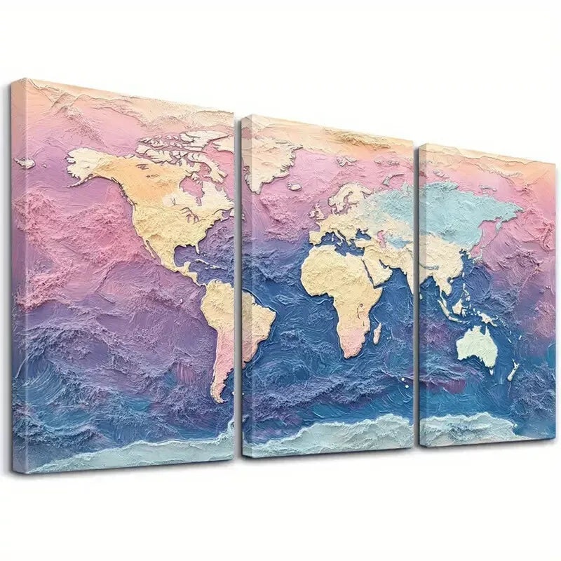 3pcs Decorative Aesthetic Textured World Map Art Set Canvas Framed 50x70cm -  High Quality Print 100% Australian Made Wall Canvas Ready to Hang
