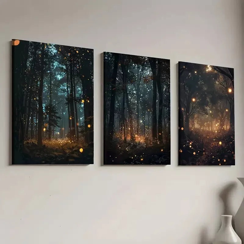 3pcs Decorative Enchanting Forest Firefly Scene Art Set Canvas Framed 50x70cm -  High Quality Print 100% Australian Made Wall Canvas Ready to Hang