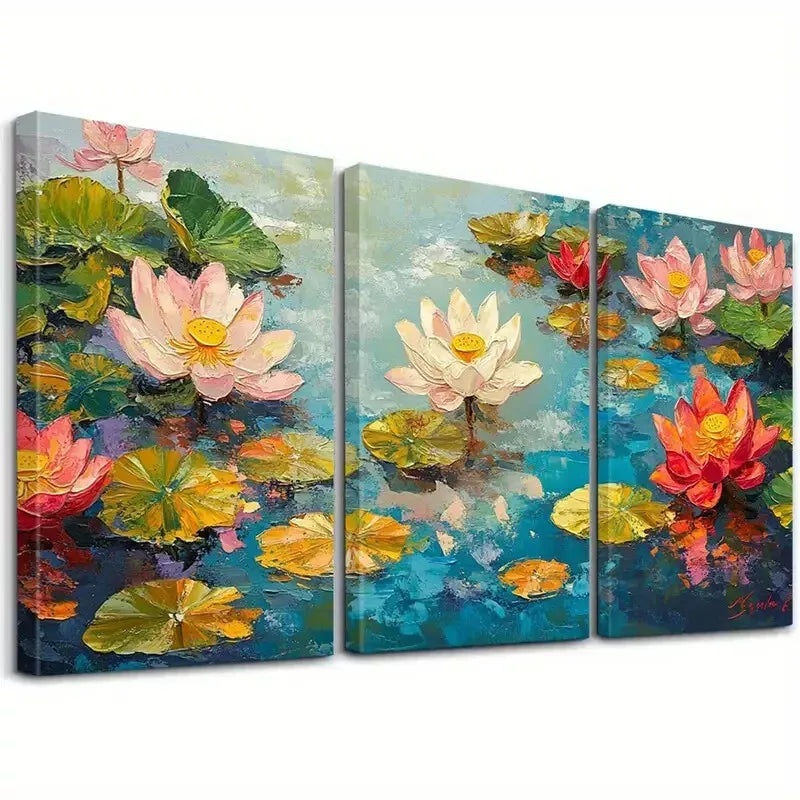 3pcs   Decorative Lotus Flowers with Pink Petals   Art Set Canvas Framed 50x70cm -  High Quality Print 100% Australian Made Wall Canvas Ready to Hang
