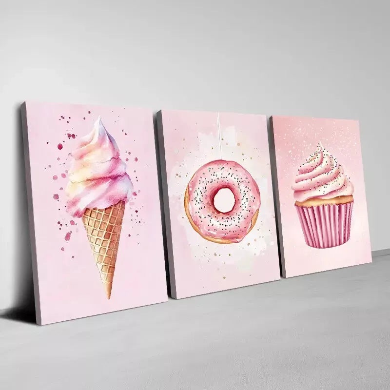 3pcs   Delicious Funny Pink Donut Ice Cream Muffin   Art Set Canvas Framed 50x70cm -  High Quality Print 100% Australian Made Wall Canvas Ready to Hang