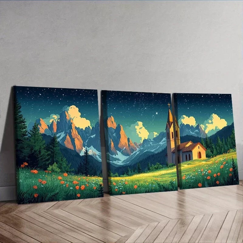 3pcs Depicting A Church Nestled Among Mountains Wall Art Set Canvas Framed 50x70cm -  High Quality Print 100% Australian Made Wall Canvas Ready to Hang