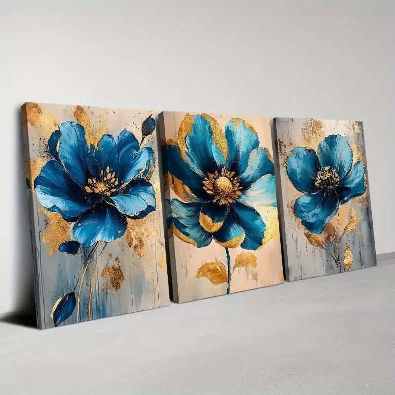 3pcs  Elegant Blue And Gold Floral Art Set Canvas Framed 50x70cm -  High Quality Print 100% Australian Made Wall Canvas Ready to Hang