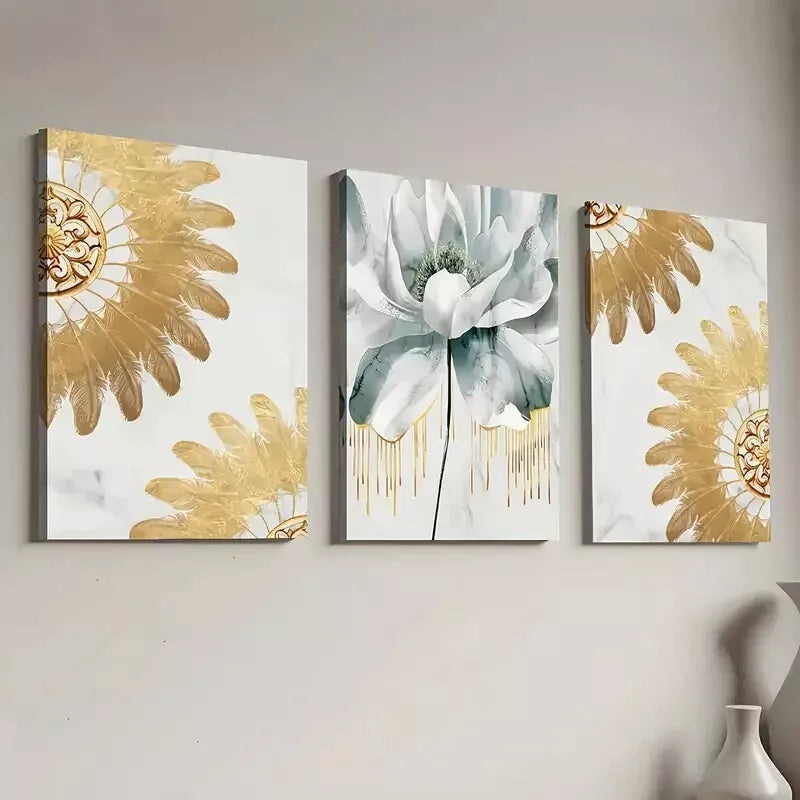 3pcs Elegant Golden Light Luxury Floral  Art Set Canvas Framed 50x70cm -  High Quality Print 100% Australian Made Wall Canvas Ready to Hang