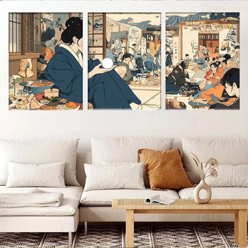 3pcs Elegant Traditional Japanese Gathering Wall Art Set Canvas Framed 50x70cm -  High Quality Print 100% Australian Made Wall Canvas Ready to Hang