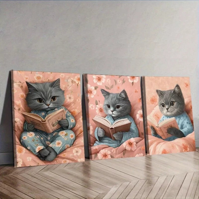 3pcs  Featuring A Cat Reading Wall Art Set Canvas Framed 50x70cm -  High Quality Print 100% Australian Made Wall Canvas Ready to Hang