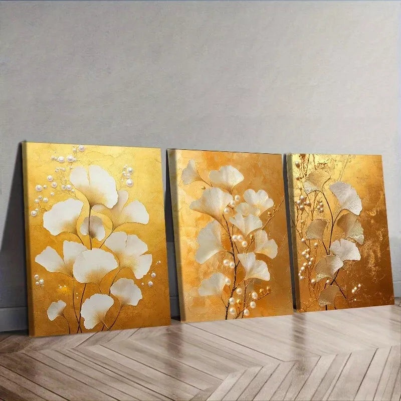 3pcs Ginkgo Leaves And Pearls Nature Wall Art Set Canvas Framed 50x70cm -  High Quality Print 100% Australian Made Wall Canvas Ready to Hang