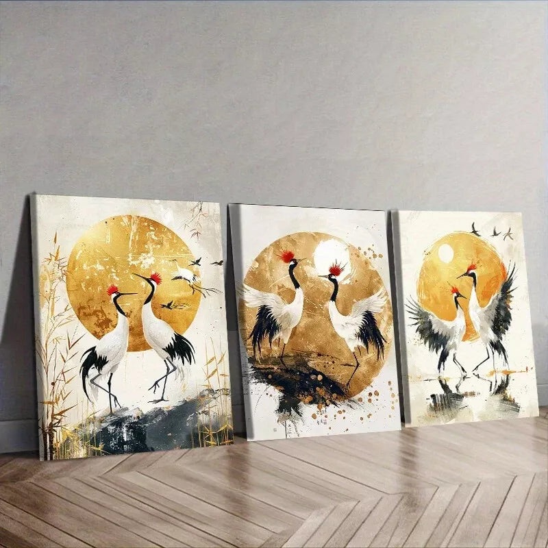3pcs  Golden Cranes Modern Contemporary Style Wall Art Set Canvas Framed 50x70cm -  High Quality Print 100% Australian Made Wall Canvas Ready to Hang