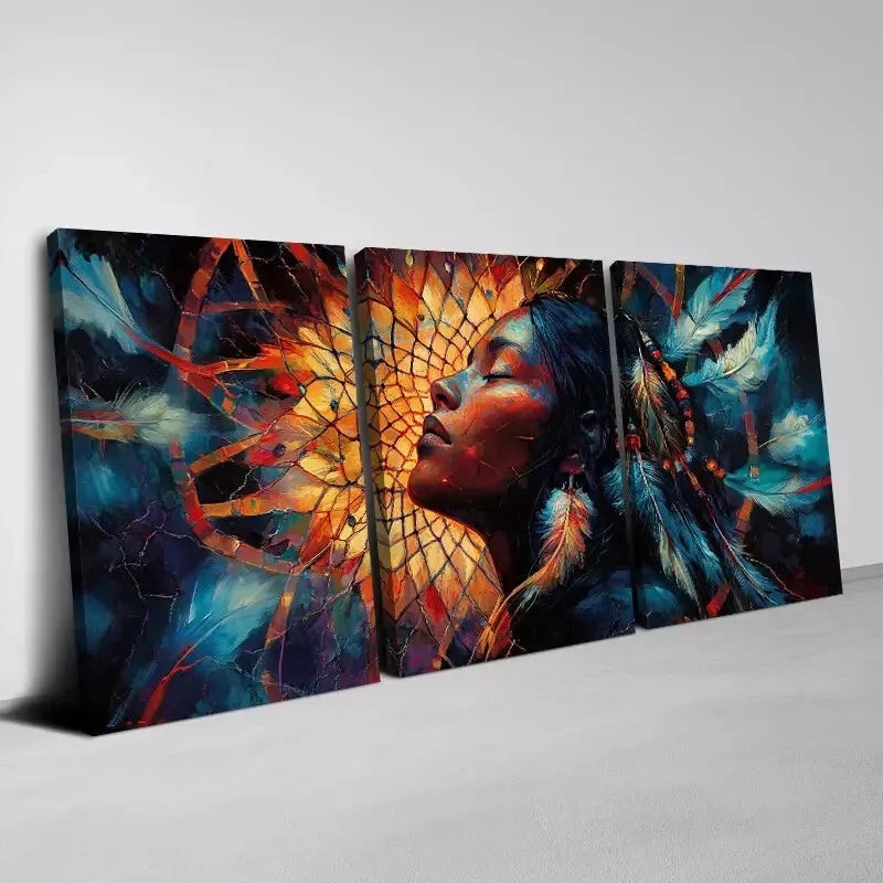 3pcs harming Dream Catcher & woman Headdress Wall Art Set Canvas Framed 50x70cm -  High Quality Print 100% Australian Made Wall Canvas Ready to Hang