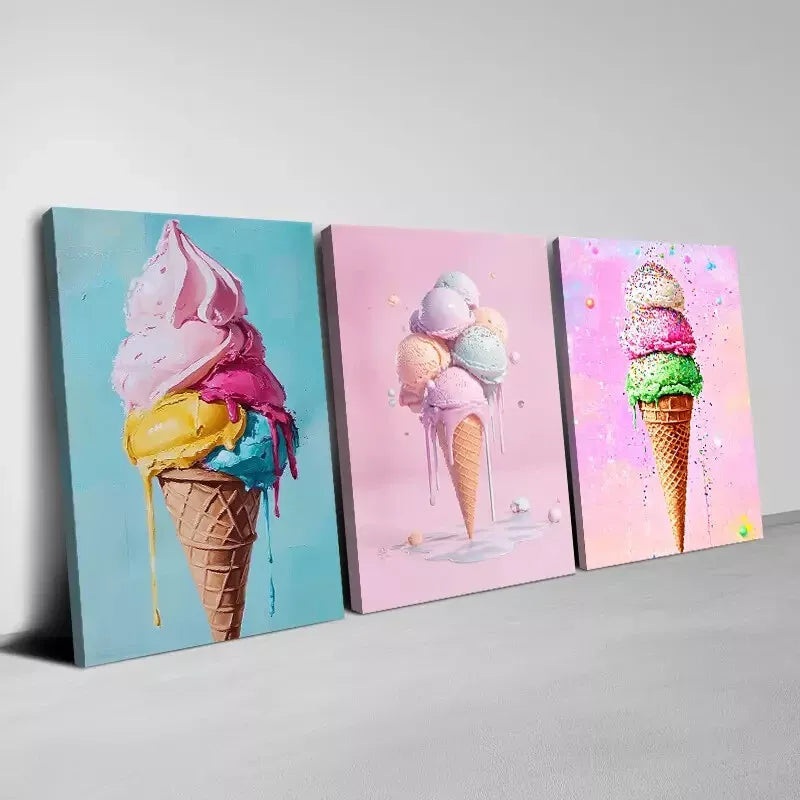 3pcs  Interesting Colorful Ice Cream Painting  Art Set Canvas Framed 50x70cm -  High Quality Print 100% Australian Made Wall Canvas Ready to Hang