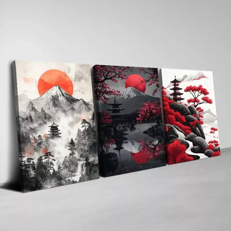 3pcs  Japanese Scenery Prints with Mount Fuji  Art Set Canvas Framed 50x70cm -  High Quality Print 100% Australian Made Wall Canvas Ready to Hang