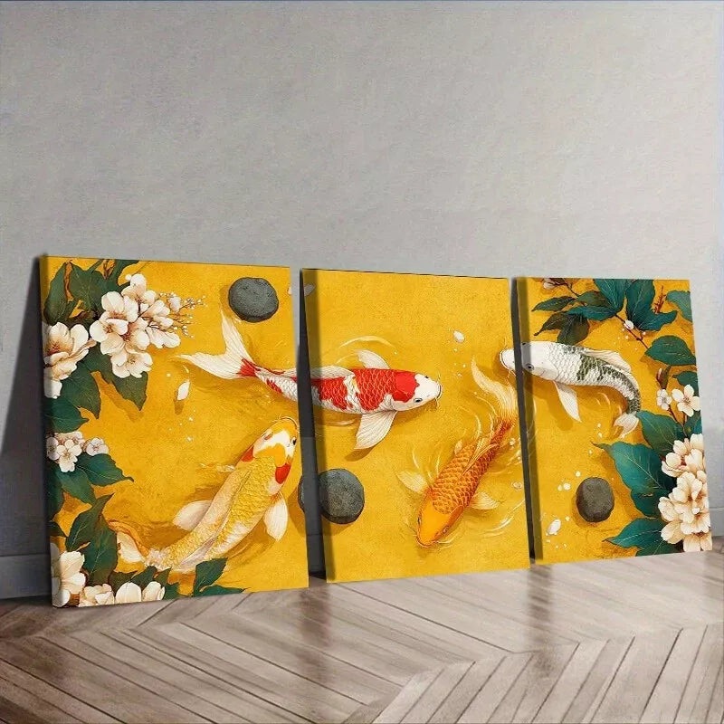 3pcs Koi Fish In A Pond Of Stones And Flowers Wall Art Set Canvas Framed 50x70cm -  High Quality Print 100% Australian Made Wall Canvas Ready to Hang