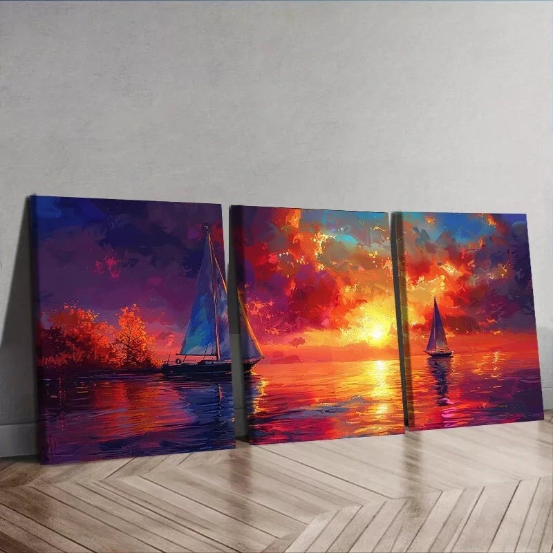 3pcs Little White Boat In The Ocean Nature Wall Art Set Canvas Framed 50x70cm -  High Quality Print 100% Australian Made Wall Canvas Ready to Hang
