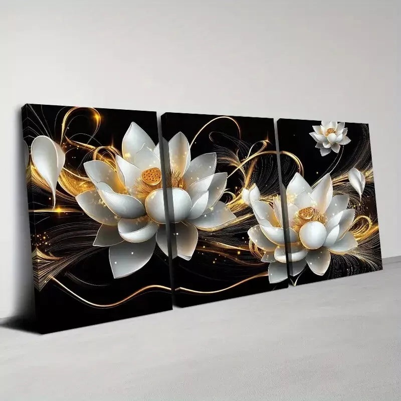 3pcs  Lotus Floral Design with Golden Accents  Art Set Canvas Framed 50x70cm -  High Quality Print 100% Australian Made Wall Canvas Ready to Hang
