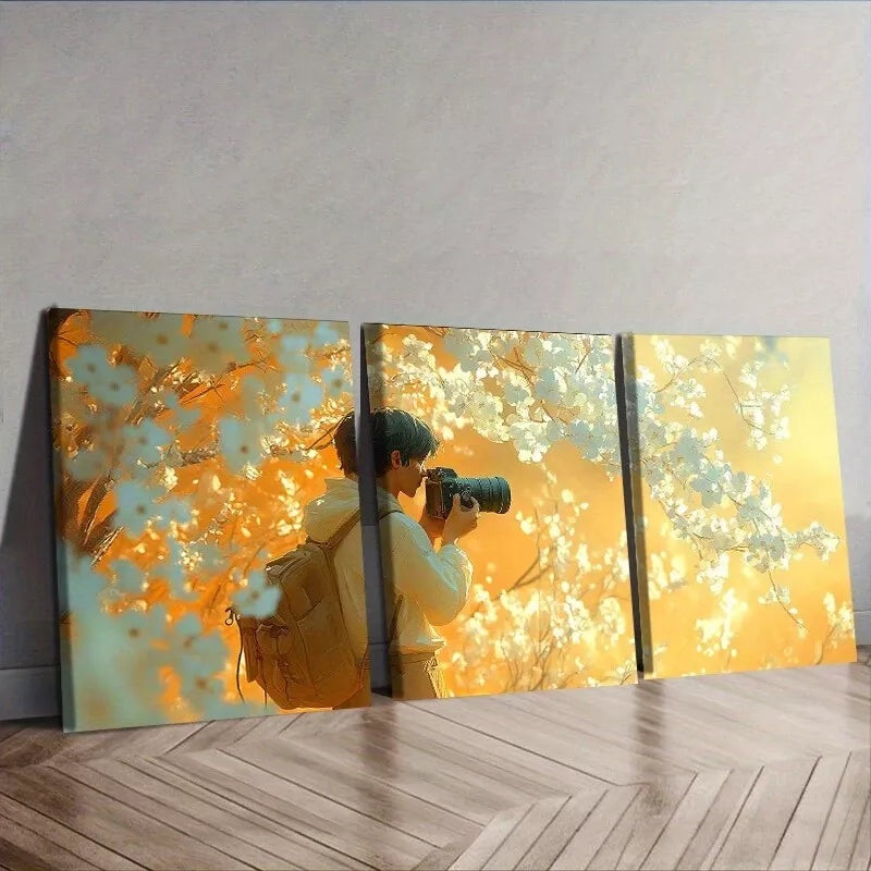 3pcs Male Cameraman Holding Camera Flowers Wall Art Set Canvas Framed 50x70cm -  High Quality Print 100% Australian Made Wall Canvas Ready to Hang