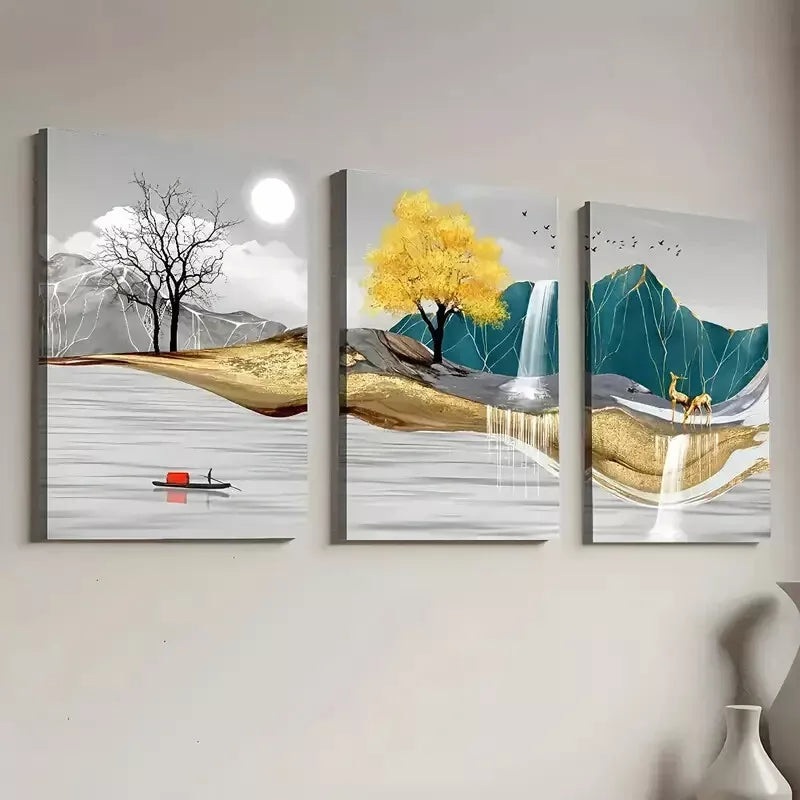 3pcs  Modern Abstract Golden Nature Landscape  Art Set Canvas Framed 50x70cm -  High Quality Print 100% Australian Made Wall Canvas Ready to Hang