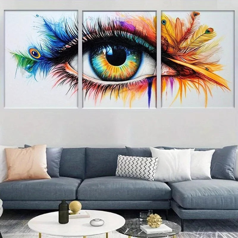 3pcs  Modern Abstract Vibrant Peacock Feather Eye Wall Art Set Canvas Framed 50x70cm -  High Quality Print 100% Australian Made Wall Canvas Ready to Hang