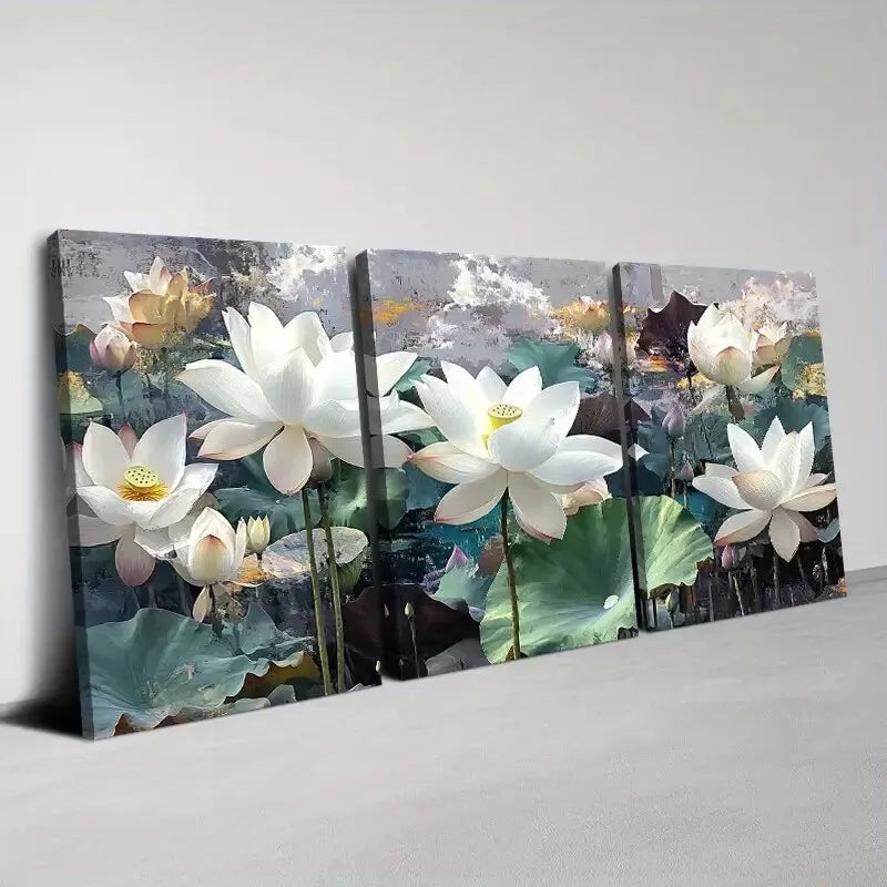 3pcs Modern Abstract White for Lotus Flowers  Art Set Canvas Framed 50x70cm -  High Quality Print 100% Australian Made Wall Canvas Ready to Hang