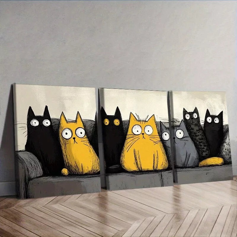 3pcs Modern Art Deco Cat Contemporary Wall Art Set Canvas Framed 50x70cm -  High Quality Print 100% Australian Made Wall Canvas Ready to Hang