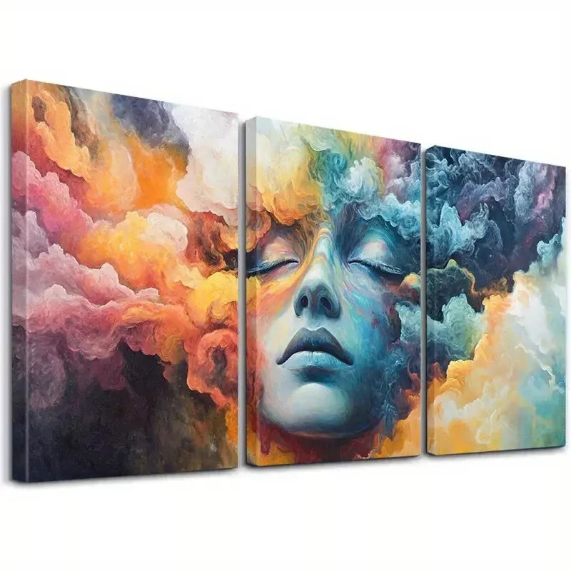 3pcs Modern Ethereal Clouds & Woman'S Face   Art Set Canvas Framed 50x70cm -  High Quality Print 100% Australian Made Wall Canvas Ready to Hang