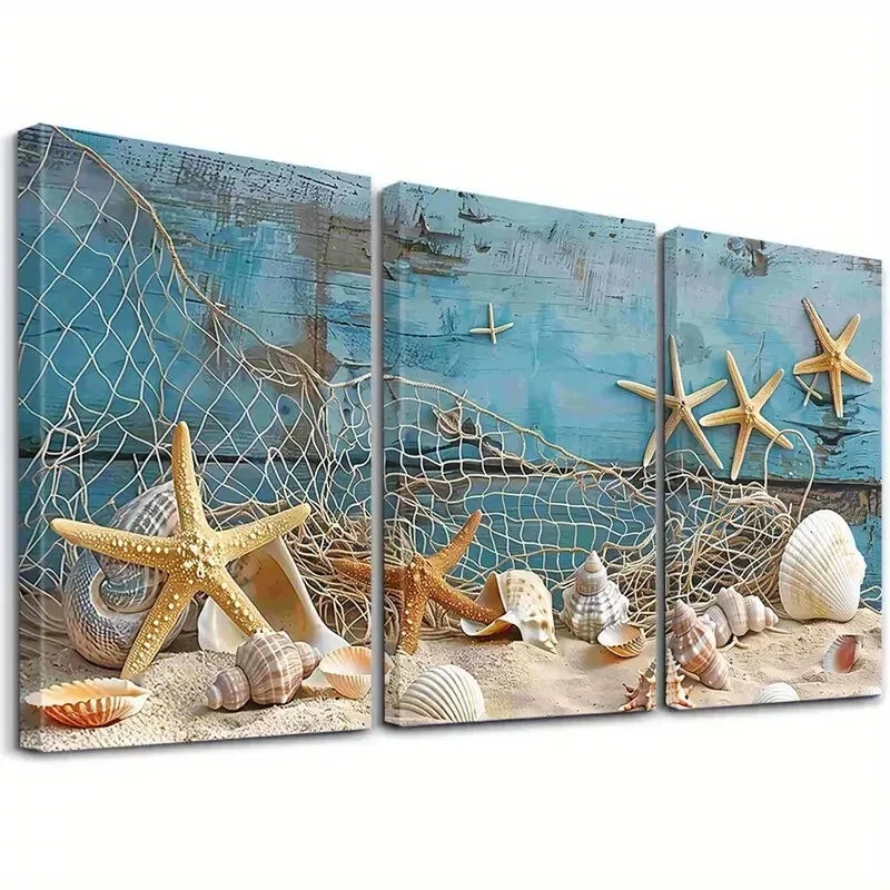 3pcs Modern Fishing Net Seashells Starfish Net Art Set Canvas Framed 50x70cm -  High Quality Print 100% Australian Made Wall Canvas Ready to Hang