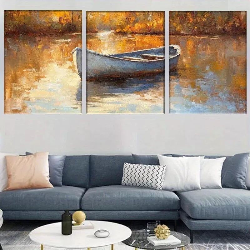 3pcs Modern Serene Lake Rustic Autumn Boat Wall Art Set Canvas Framed 50x70cm -  High Quality Print 100% Australian Made Wall Canvas Ready to Hang