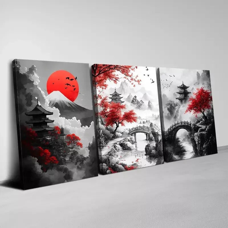 3pcs  Monochrome Mountain, River with Pagoda Art Set Canvas Framed 50x70cm -  High Quality Print 100% Australian Made Wall Canvas Ready to Hang
